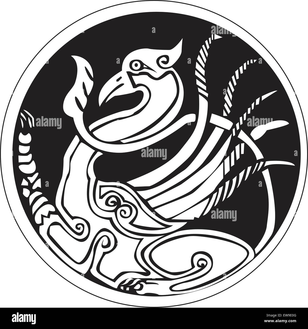 Un símbolo de Astronomical druídico de un ave fénix, en un patrón de círculo de ilustraciones, aislado sobre un fondo blanco. Ilustración del Vector