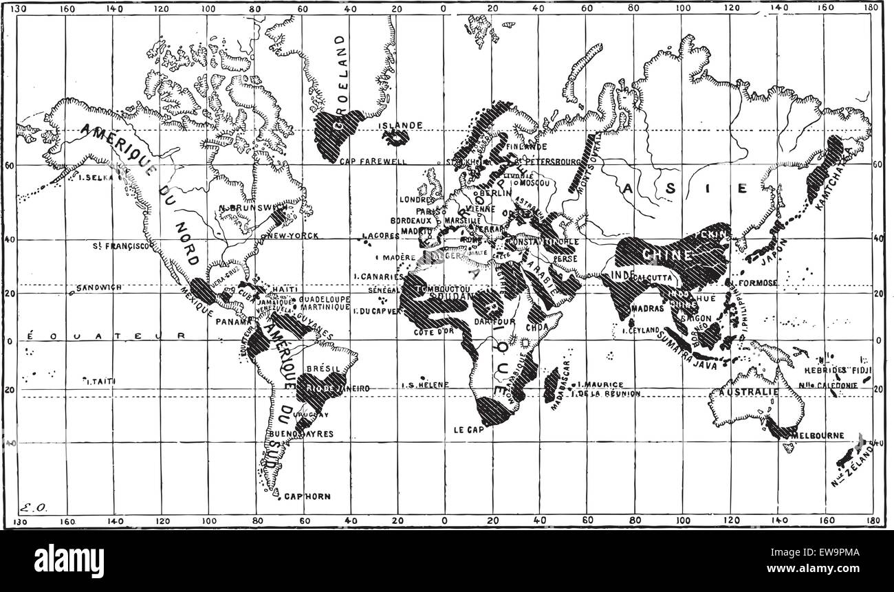 Mapa geográfico de la aparición de la Lepra, vintage ilustración grabada.  Diccionario de las palabras y las cosas - Larive y Fleury Imagen Vector de  stock - Alamy