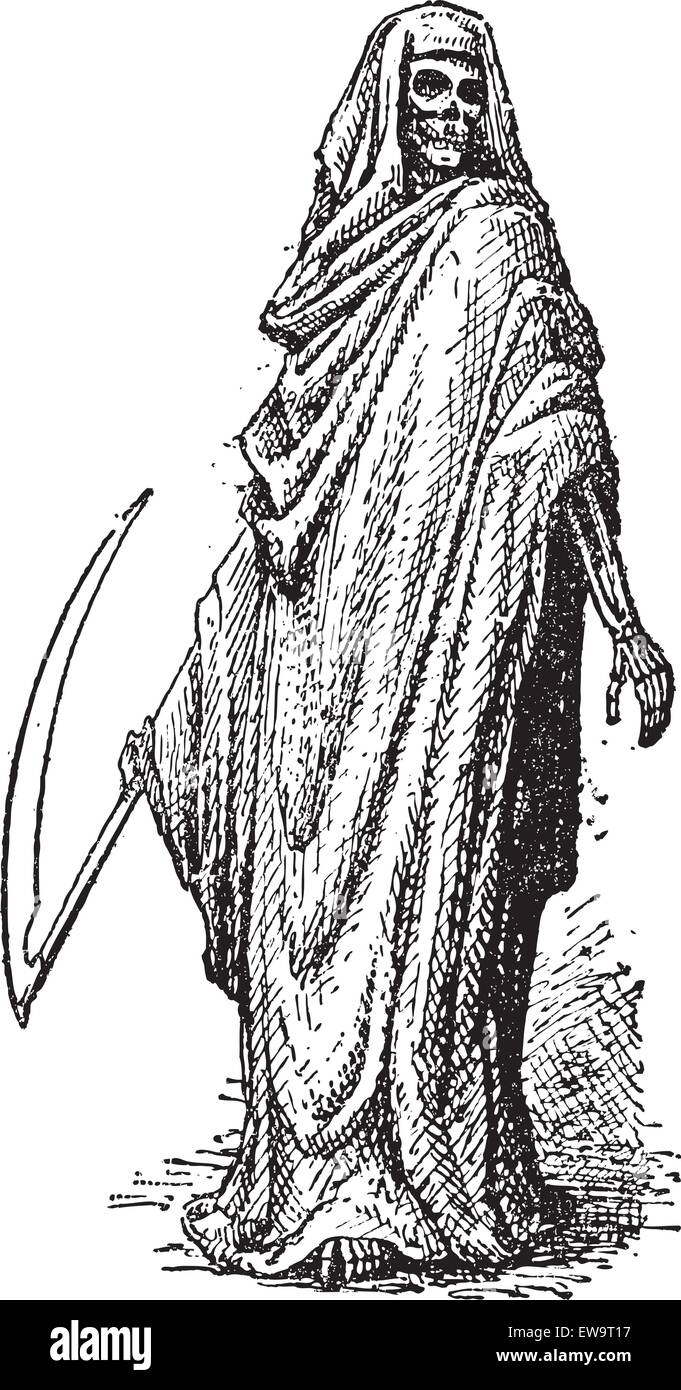 La muerte o la guadaña, mostrado con una guadaña y vestida con un manto  negro con capucha, vintage ilustración grabada. Dictionar Imagen Vector de  stock - Alamy