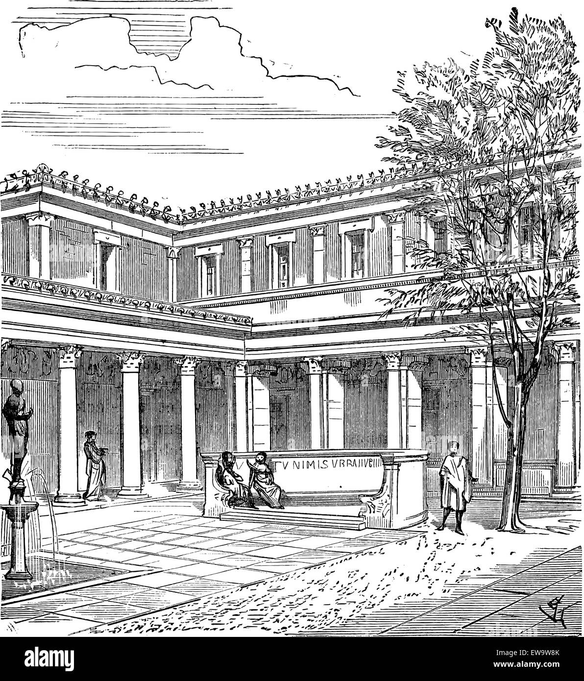 Patio de una casa romana, vintage ilustración grabada. Enciclopedia Industrial E.O. Lami