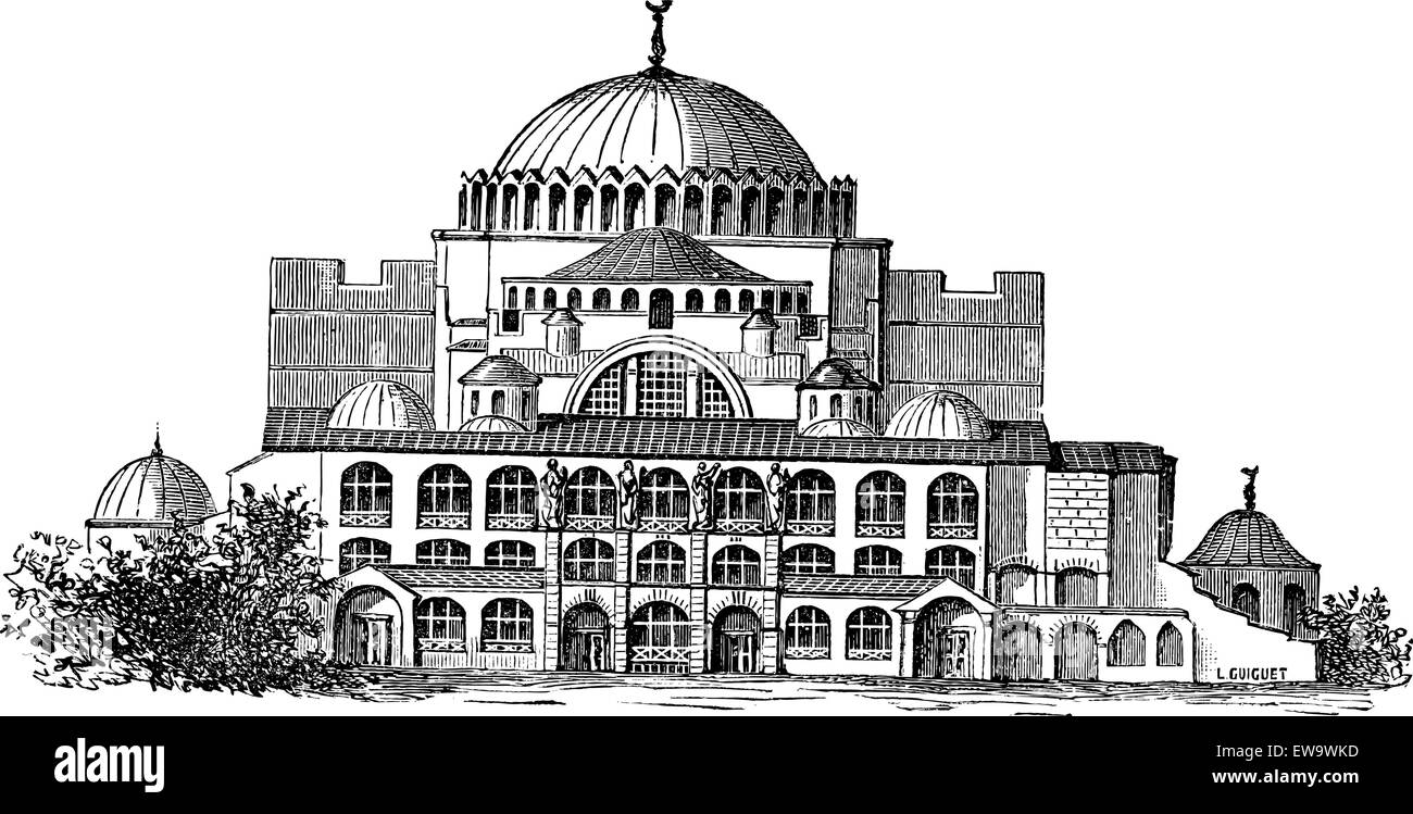 Hagia Sophia en Estambul, Turquía, vintage ilustración grabada. Enciclopedia Industrial - E.O. Lami - 1875 Ilustración del Vector