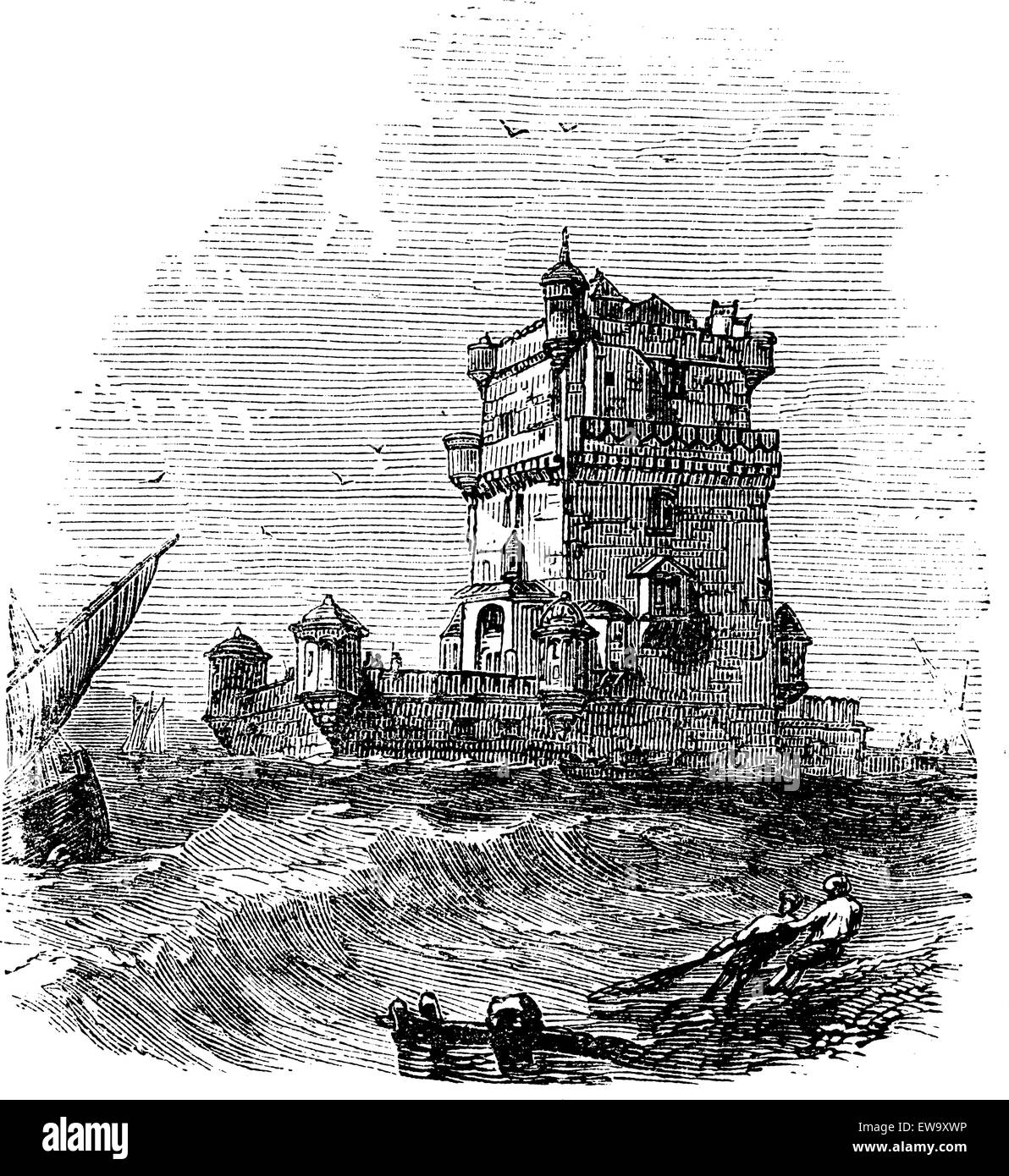 La Torre de Belem, en Lisboa, Portugal, durante el 1890, vintage grabado. Antigua ilustración grabada de la Torre de Belem. Ilustración del Vector