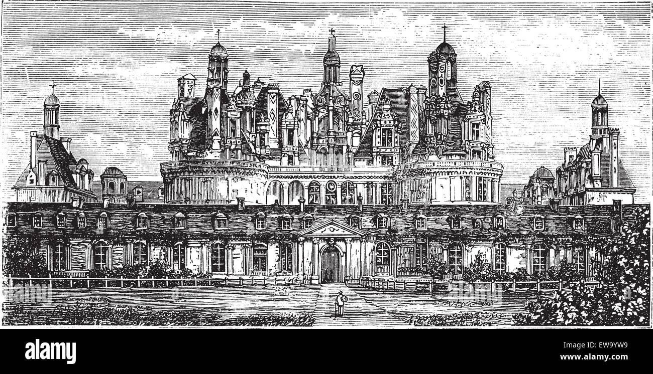 Château de Chambord, Valle del Loira, Francia vintage grabado. Antigua ilustración grabada de la Royal château de Chambord, 1800. Ilustración del Vector