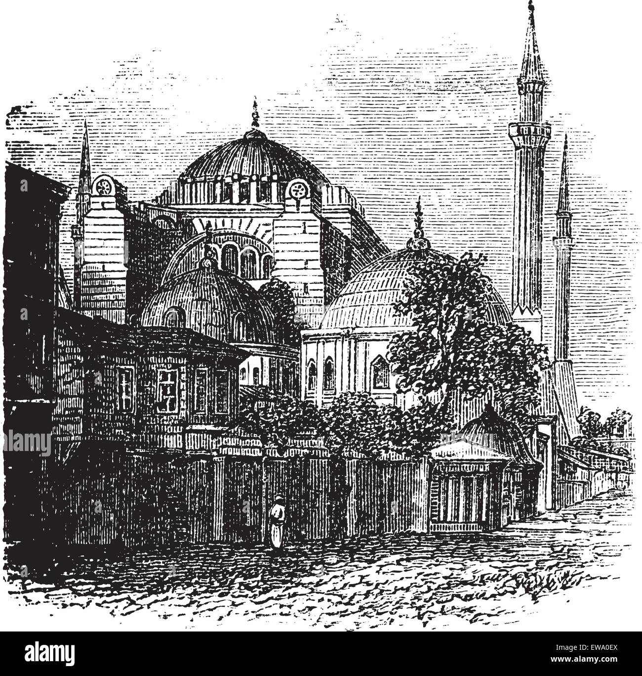 Hagia Sophia en Estambul, Turquía, durante el 1890, vintage grabado. Antigua ilustración grabada de la Hagia Sophia. Ilustración del Vector