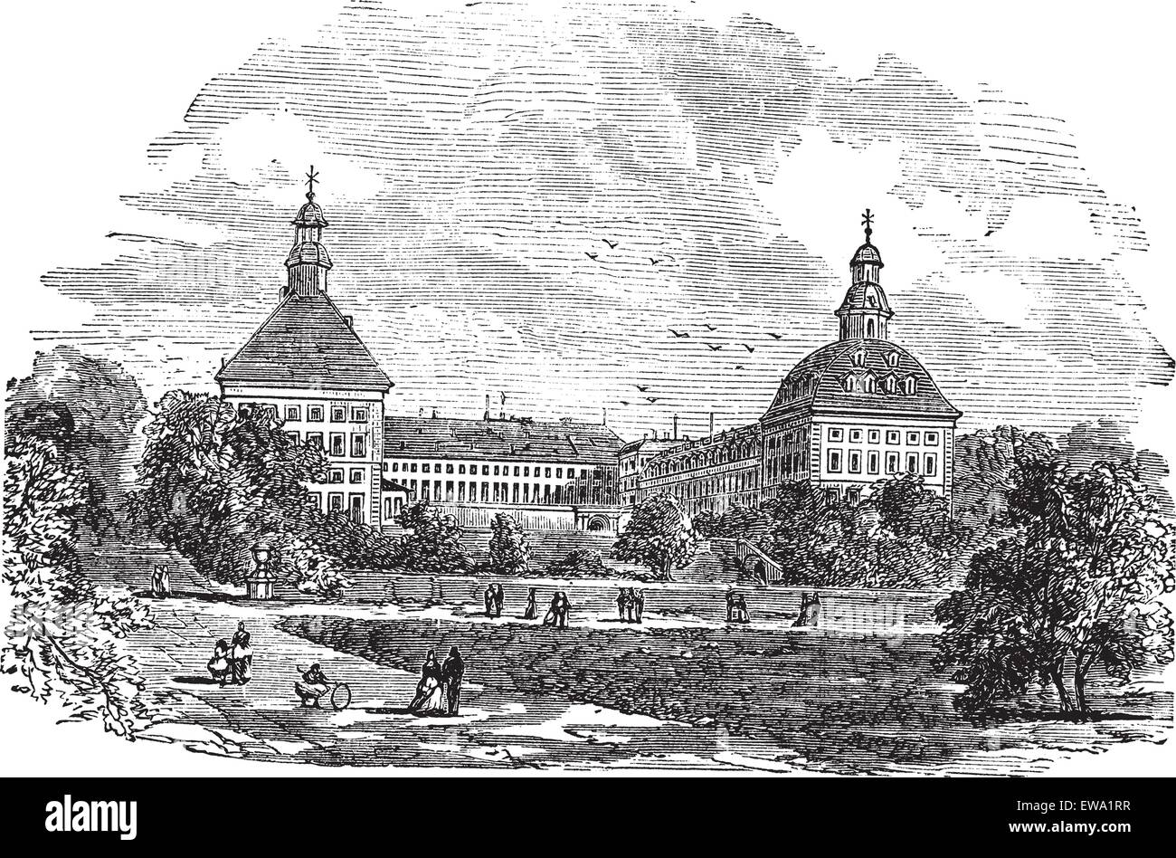 El palacio ducal o Schloss Friedenstein o castillo Friedenstein, en Gotha, Alemania, durante la década de 1890, vintage grabado. Viejo eng Ilustración del Vector