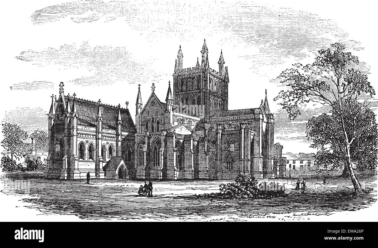 Hereford Cathedral,Inglaterra vintage grabado. Antigua ilustración grabada de la histórica catedral de Hereford, Inglaterra, 1800. Ilustración del Vector