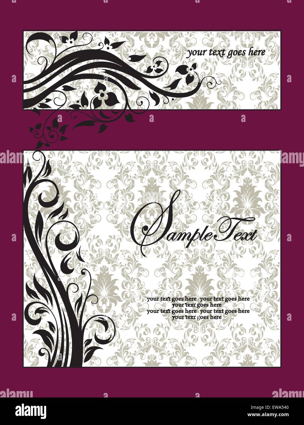 Tarjeta De Invitacion Vintage Retro Elegante Adornados Con Diseno Floral Abstracto Flores Y Hojas En Negro Sobre Fondo Blanco Y Verde Palido Con Bordes Granate Y Etiqueta De Texto Ilustracion Vectorial Imagen