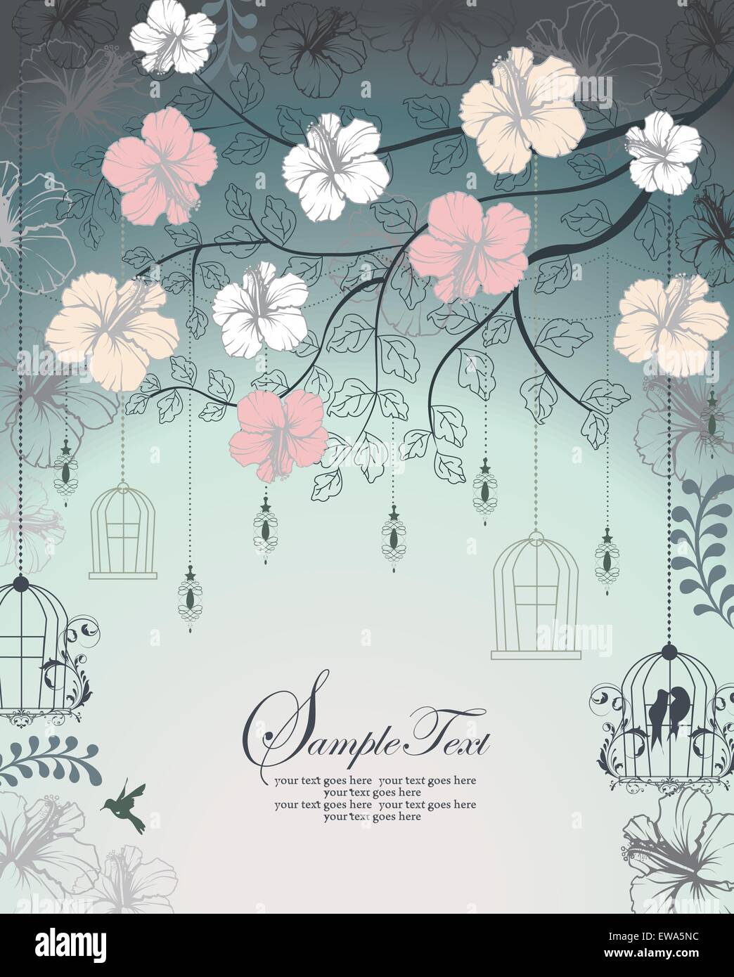 Tarjeta de invitación Vintage Retro elegante adornados con diseño floral abstracto, flores multicolores y hojas en gris azulado Ilustración del Vector
