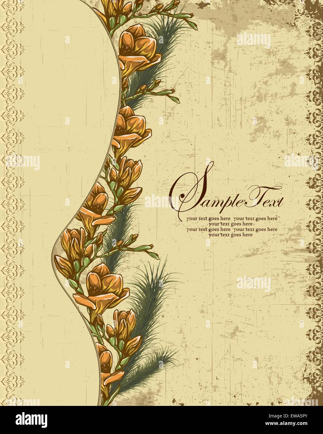 Tarjeta De Invitacion Vintage Retro Elegante Adornados Con Diseno Floral Abstracto Amarillo Anaranjado Flores Y Hojas Verdes Sobre Fondo Amarillo Claro Con Bordes Y Etiqueta De Texto Ilustracion Vectorial Imagen Vector De Es necesario tambien tu empeno y dedicacion; https www alamy es foto tarjeta de invitacion vintage retro elegante adornados con diseno floral abstracto amarillo anaranjado flores y hojas verdes sobre fondo amarillo claro con bordes y etiqueta de texto ilustracion vectorial 84431955 html