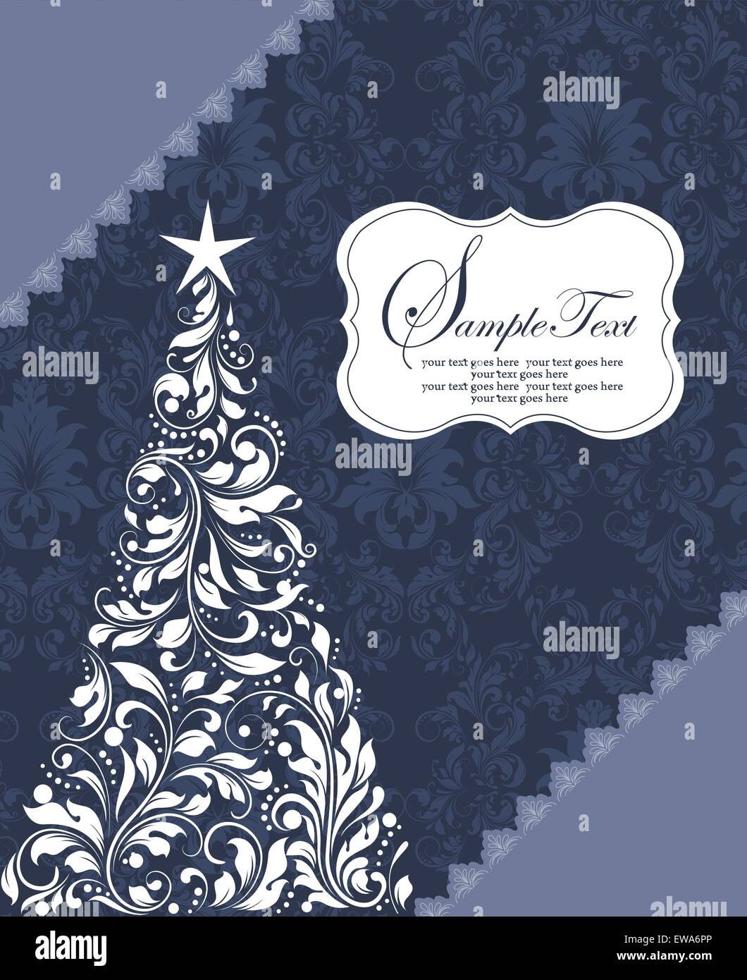Tarjeta de navidad con ornamentadas Vintage Retro elegante diseño floral abstracto, árbol con flores blancas y hojas en gris azulado Ilustración del Vector