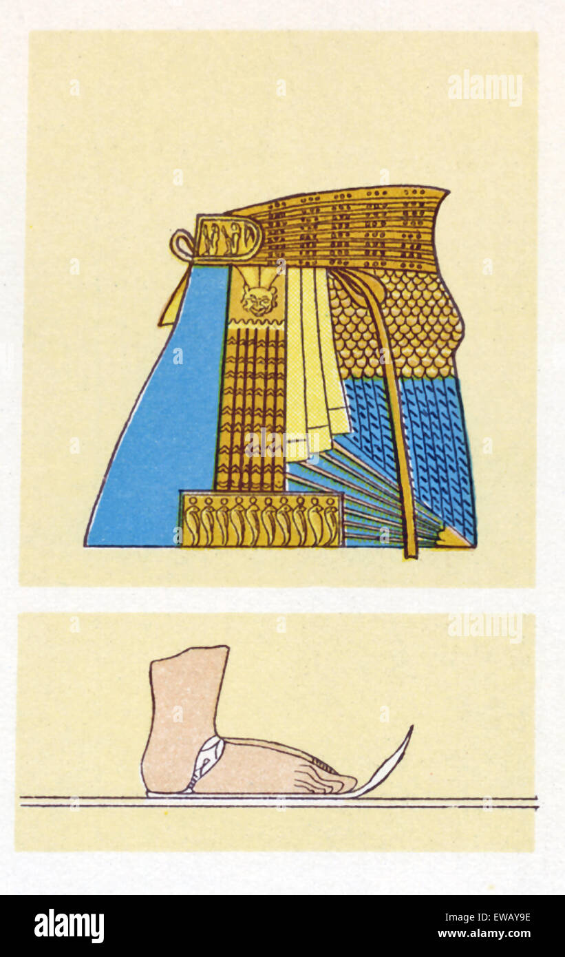 Estos fragmentos de pared pintada se encontraron en Egipto en Saqqara en las tumbas de la quinta dinastía (2494-2345 a.C.), los gobernantes. Entre los más conocidos dirigentes de la quinta dinastía son Userkaf y anus. La figura de la izquierda es hacer una ofrenda. En el oriente son close-ups de una falda de tipo vestido y una sandalia. A la derecha está el busto de un gobernante, con el rey de la barba y el uraeus corona. Nota, también, su alteza real el collar. Foto de stock