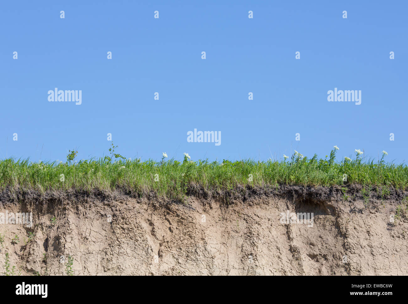 Barranco barranco o cortados con suelo de hierba y cielo azul Foto de stock