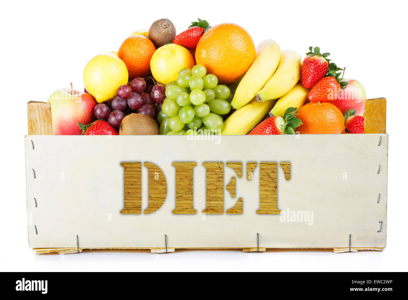 Dieta. Frutas en caja de madera Foto de stock