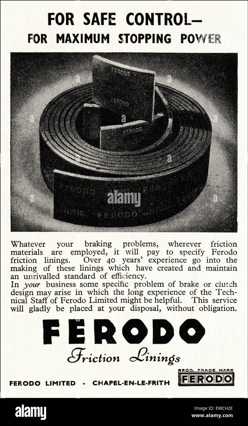 1940 años de guerra vintage anuncio industrial de fecha 1943 publicidad Ferodo freno y embrague fricción forros de Chapel-en-le-Frith Inglaterra Foto de stock