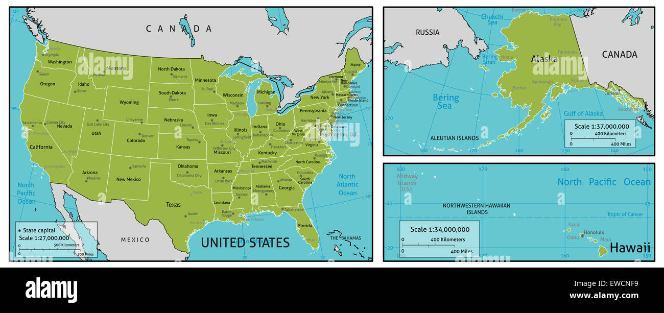 Un mapa de América con todos los nombres de estado, capitales de estado y otras ciudades importantes. Organizada en versión vectorial de fácil uso en capas. Foto de stock