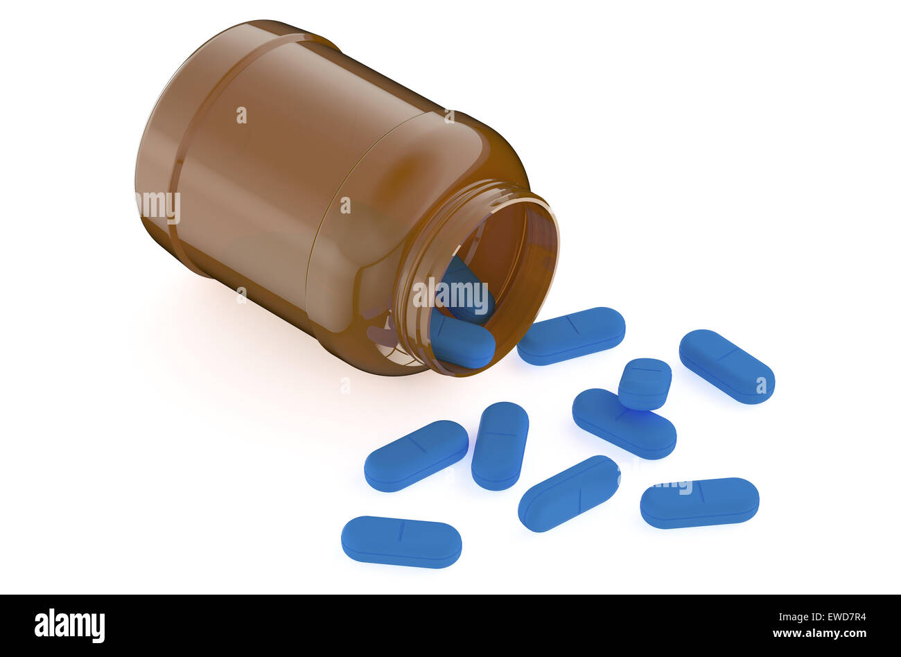 Píldoras azules de píldora redischarge botella aislado sobre fondo blanco. Foto de stock