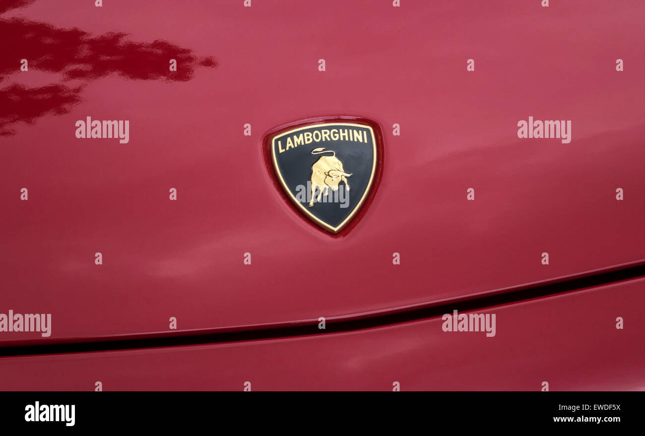 Detalle de Lamborghini rojo mostrando el capó y logotipo y tiras negras Foto de stock