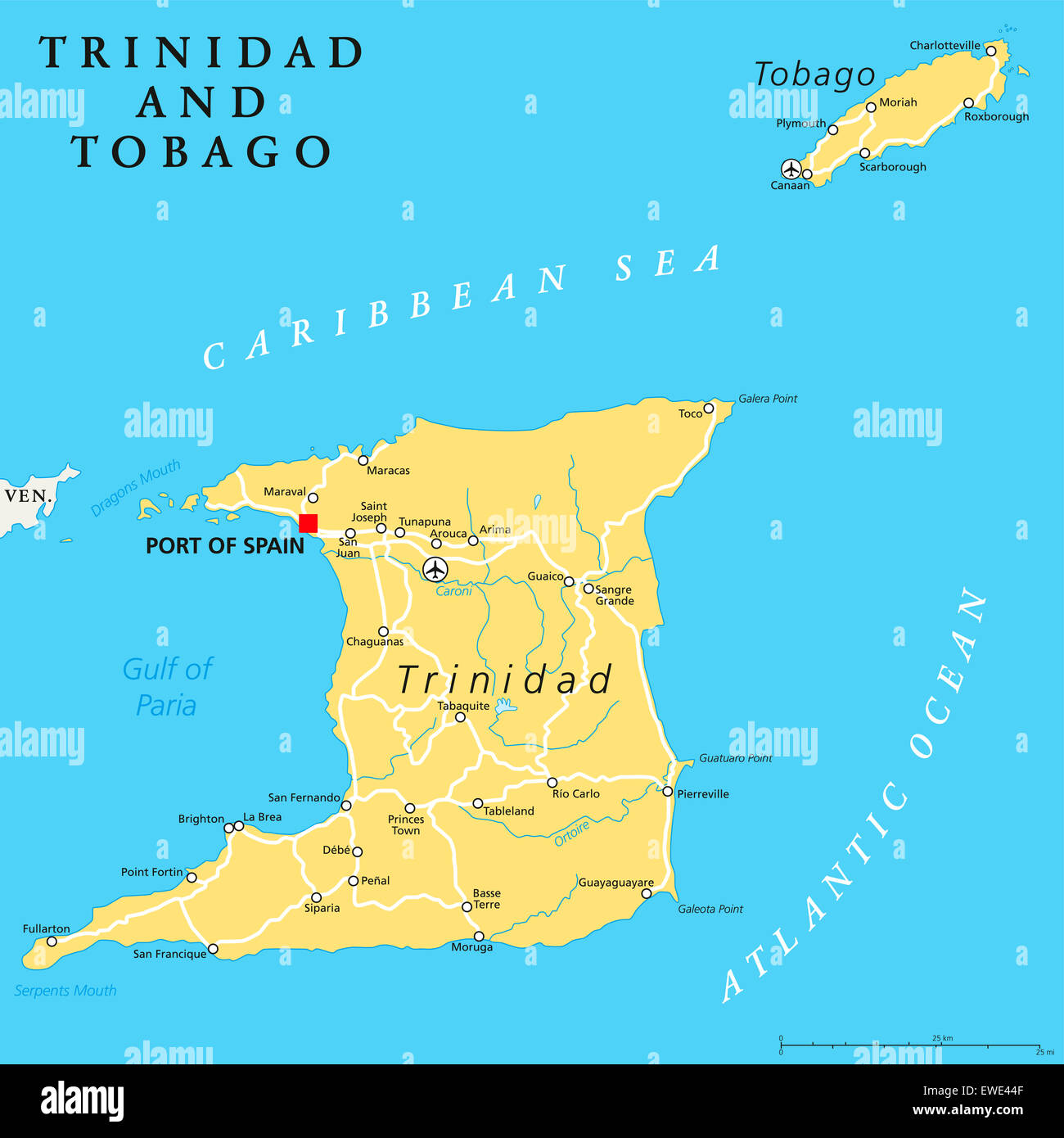 Trinidad y Tobago mapa político con la capital Puerto España. País insular  gemelo en las Islas de Barlovento, Antillas Menores Fotografía de stock -  Alamy