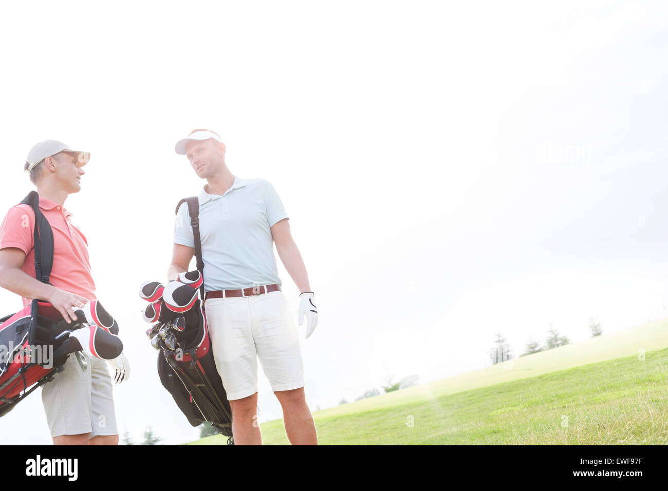 Amigos varones conversando en campo de golf contra el cielo claro en día soleado Foto de stock
