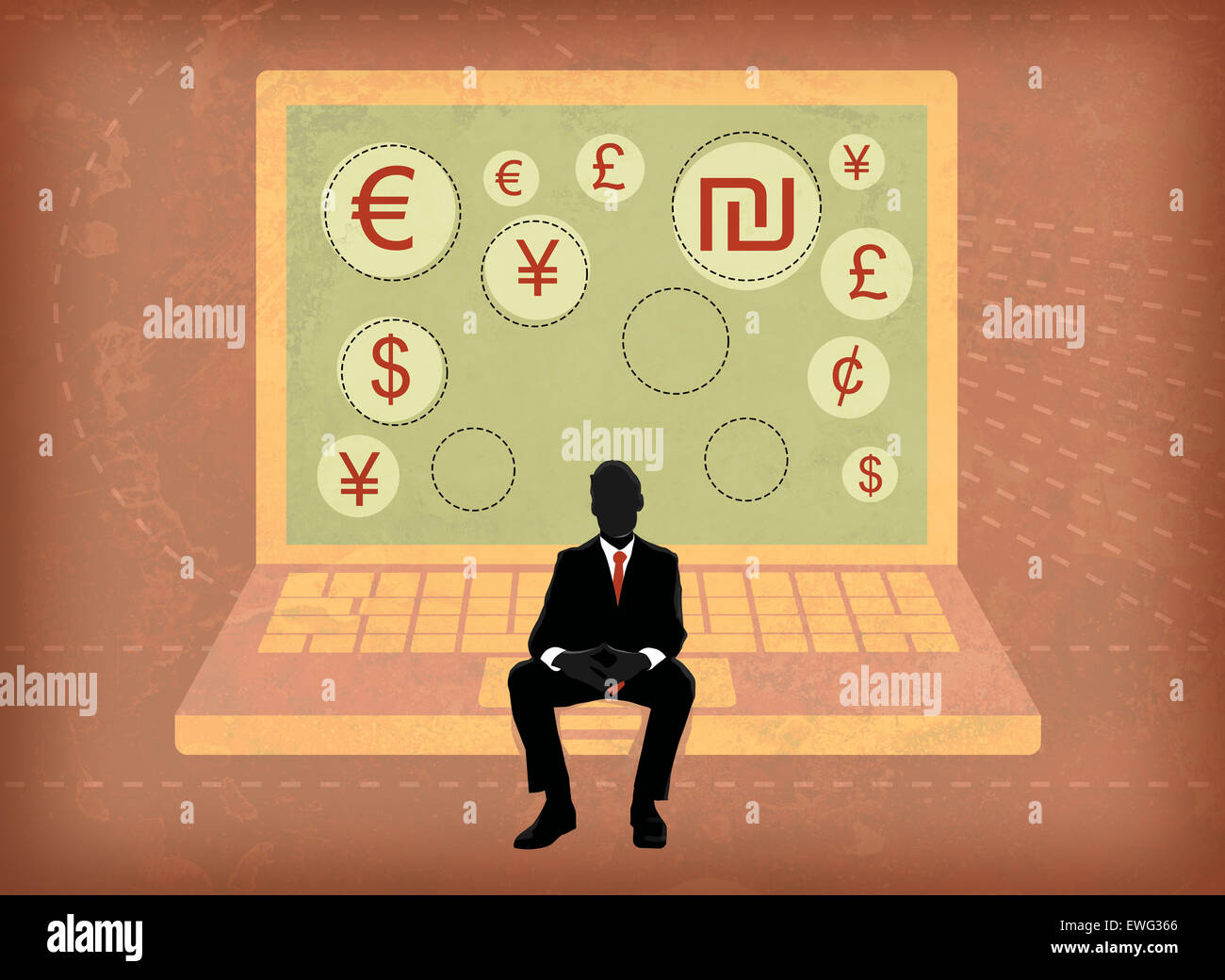 Empresario sentado en la pantalla de un ordenador portátil que muestra símbolos de moneda mundial Foto de stock