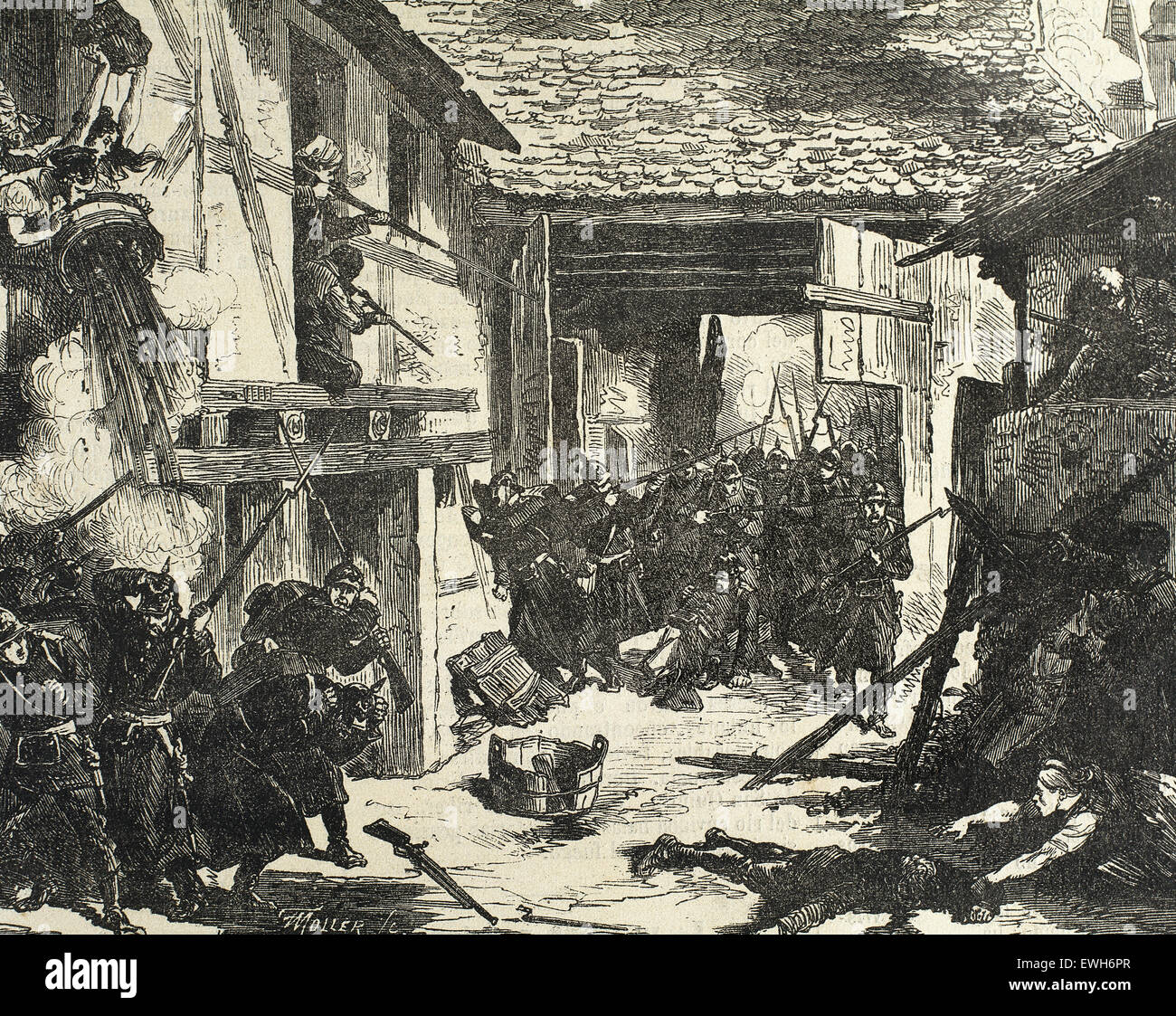 Guerra Franco-Prusiana. 1870-1871. Conflicto entre el Segundo Imperio francés y de los Estados Federados alemanes de la Confederación de Alemania del Norte liderado por el Reino de Prusia. Batalla de Wissembourg, 1870. Grabado por F. Moller. La ilustracion española y americana, 1871. Foto de stock