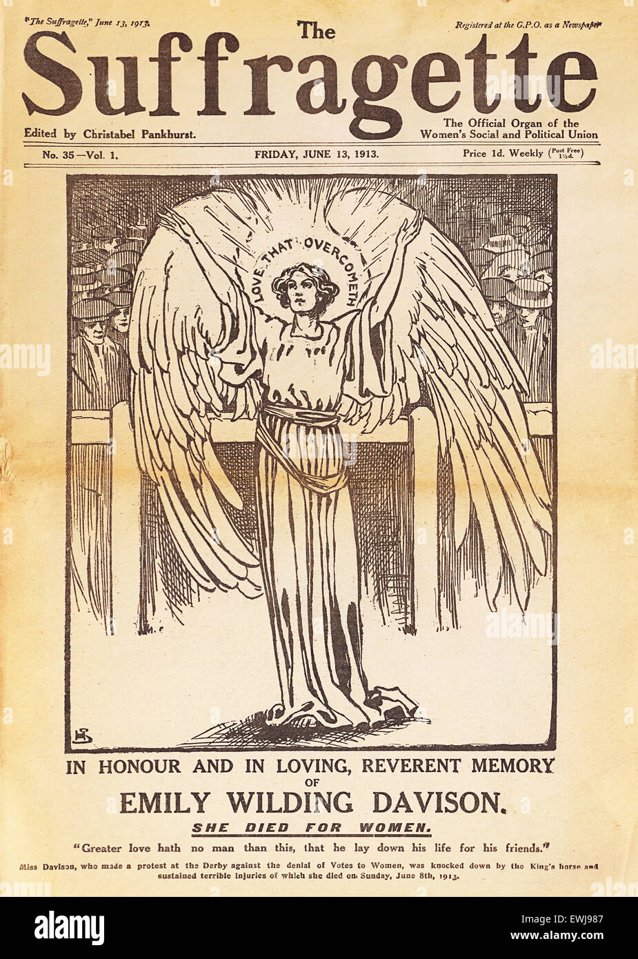 Suffragette magazine da estado angelical a Emily Davison. Suffragettes eran miembros de la organización de mujeres de los movimientos de finales del siglo XIX y principios del XX, especialmente militantes en Gran Bretaña. Sólo en 1928 se extendió el sufragio a todas las mujeres de más de 21 años Foto de stock