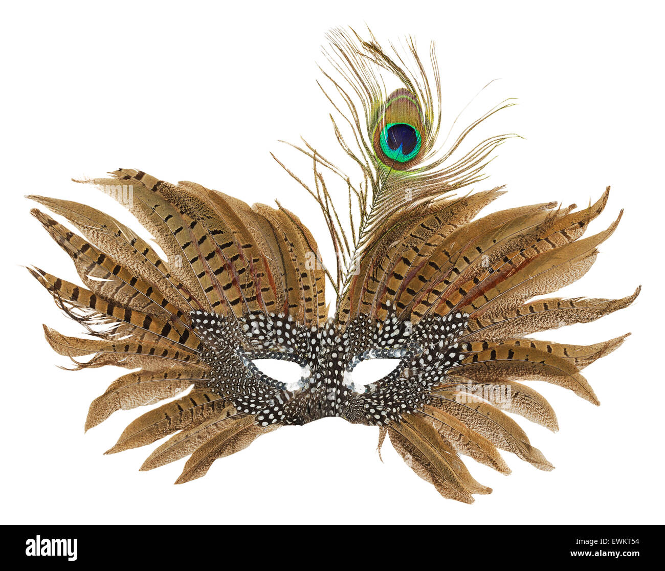 La máscara de carnaval con plumas de pavo real aislado en el fondo blanco. Foto de stock