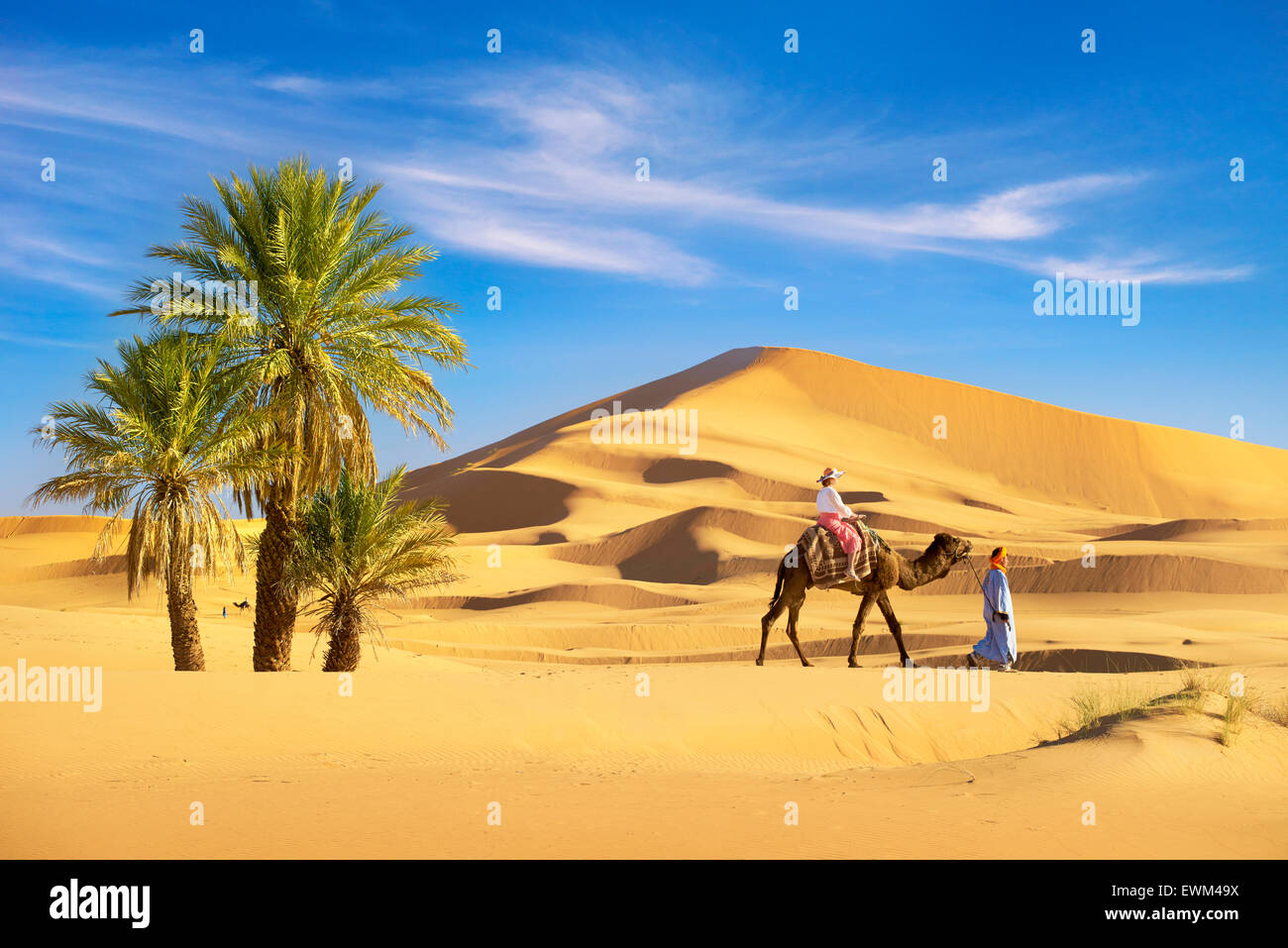 Turista de paseo en camello, Erg Chebbi : desierto cerca de Merzouga, Sahara, Marruecos Foto de stock