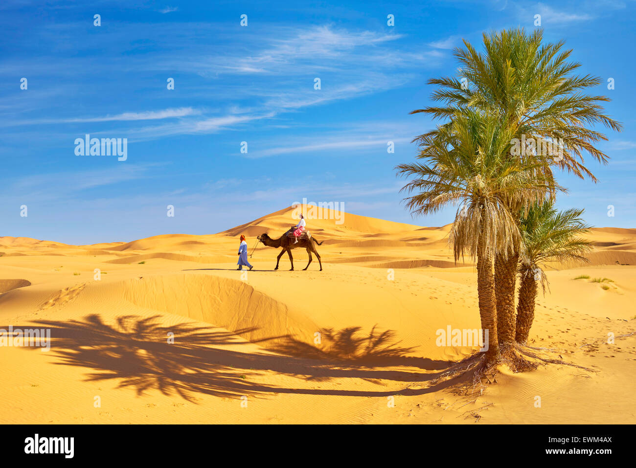 Turista de paseo en camello, Erg Chebbi : desierto cerca de Merzouga, Sahara, Marruecos Foto de stock