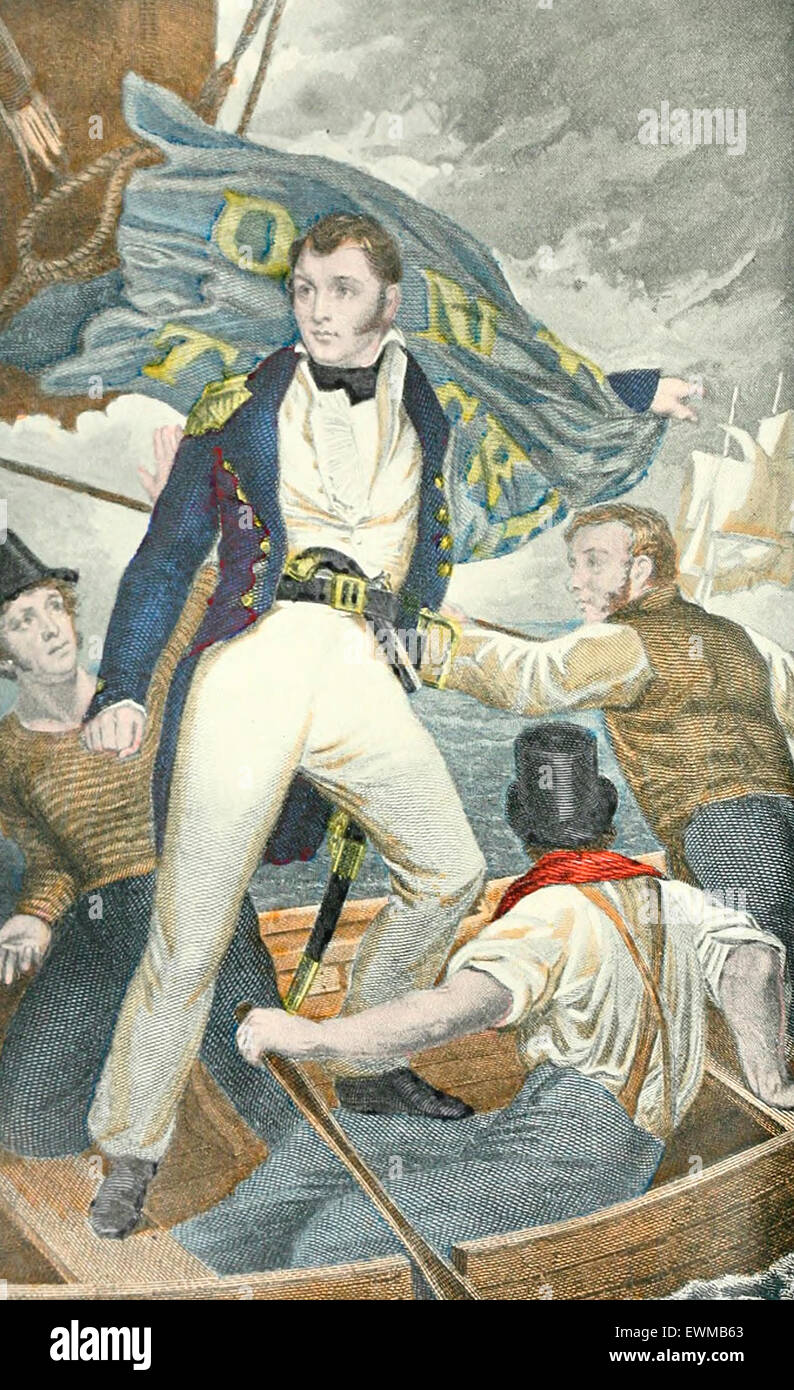 El Comodoro Perry Oliver peligro en la batalla del lago Erie, en septiembre de 1813, durante la guerra de 1812 Foto de stock