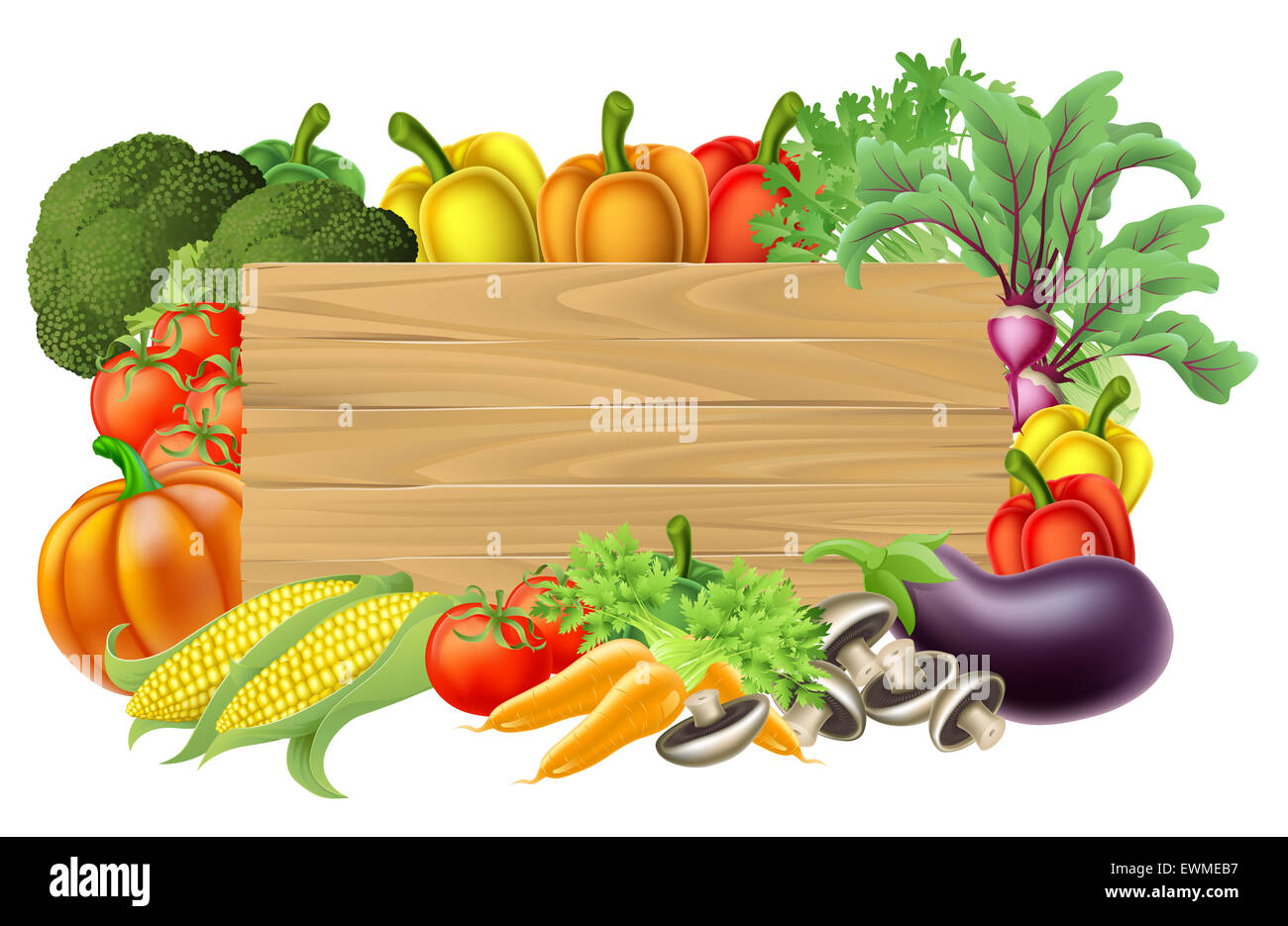 Un signo de verduras de madera rodeado por un borde de fondo de frutas y  hortalizas frescas, productos alimenticios Fotografía de stock - Alamy