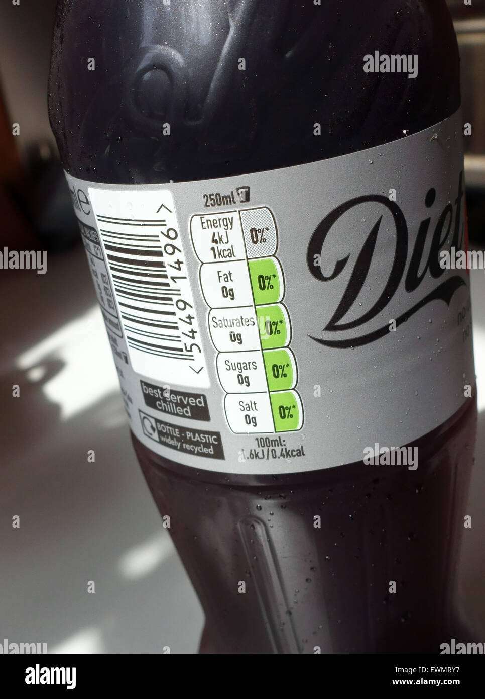 Nutrición información actualizada sobre símbolos de botella de Diet Coke, Londres Foto de stock