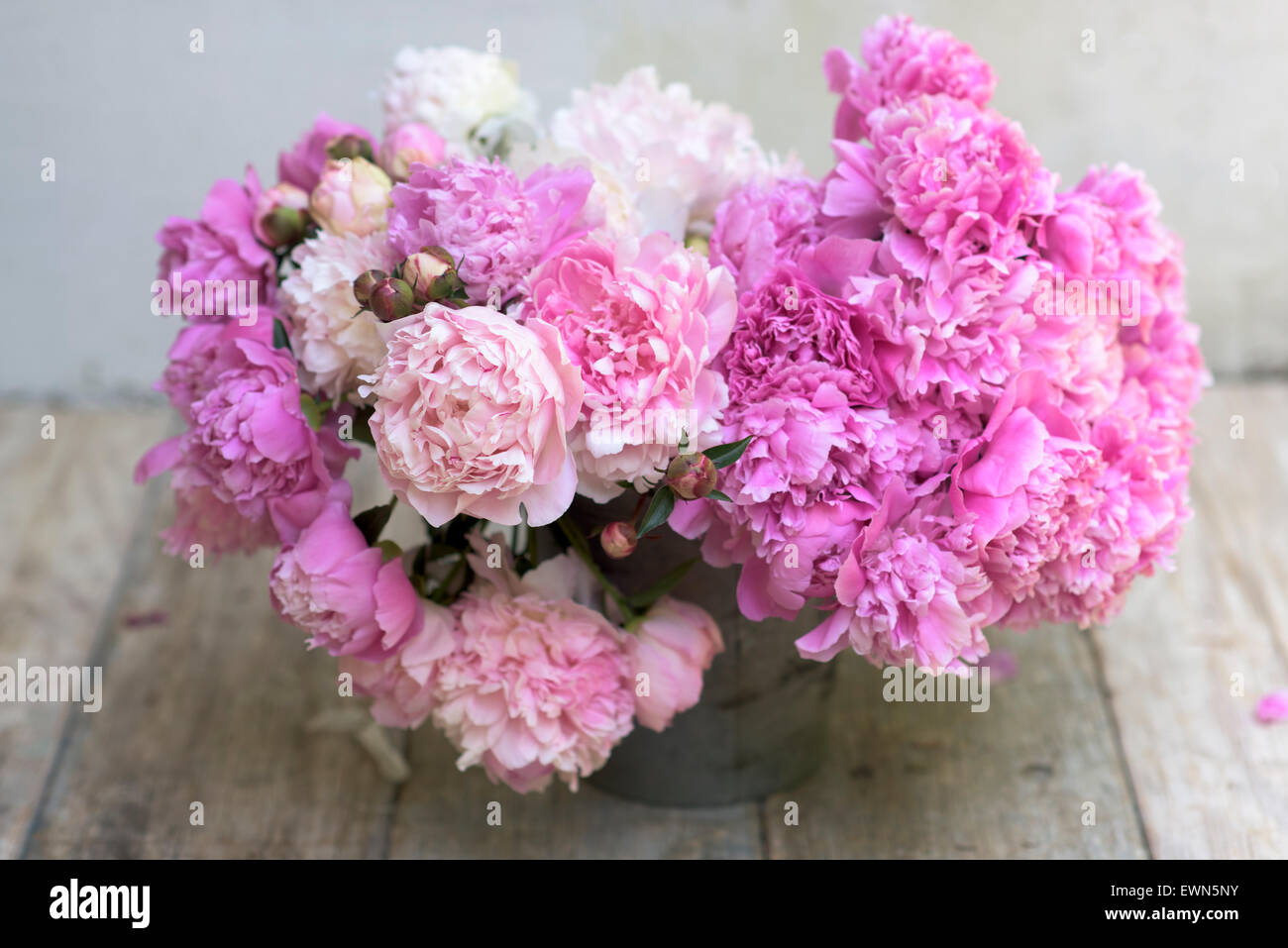 Bouquet de peonías rosadas y blancas mezcladas en el contenedor Foto de stock