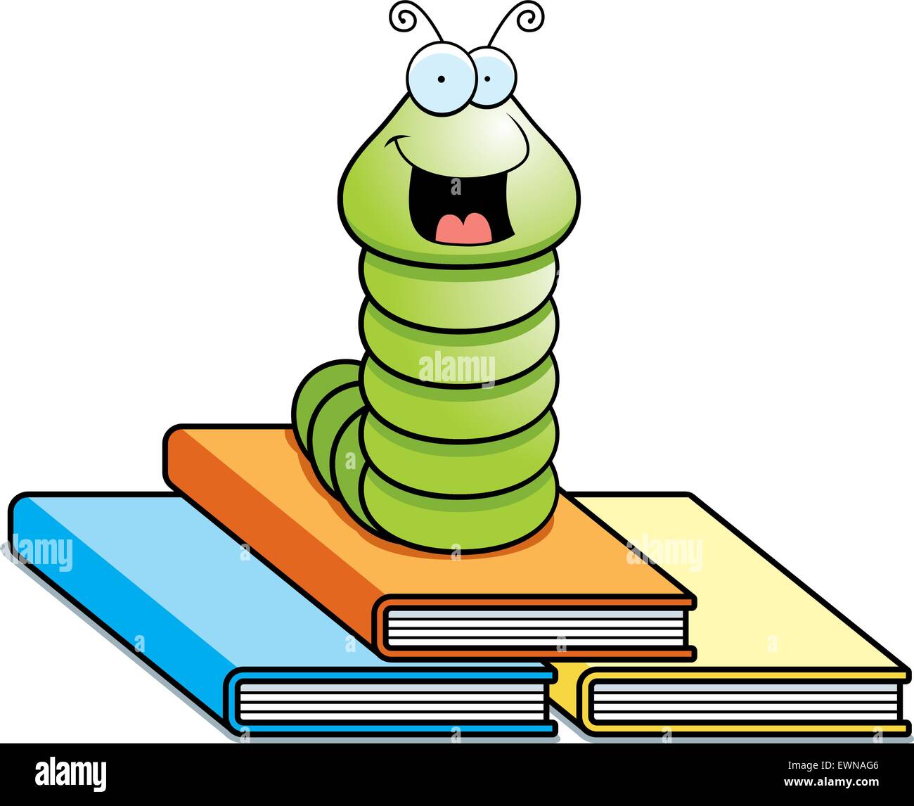 Un gusano de dibujos animados feliz en la parte superior de los libros. Ilustración del Vector