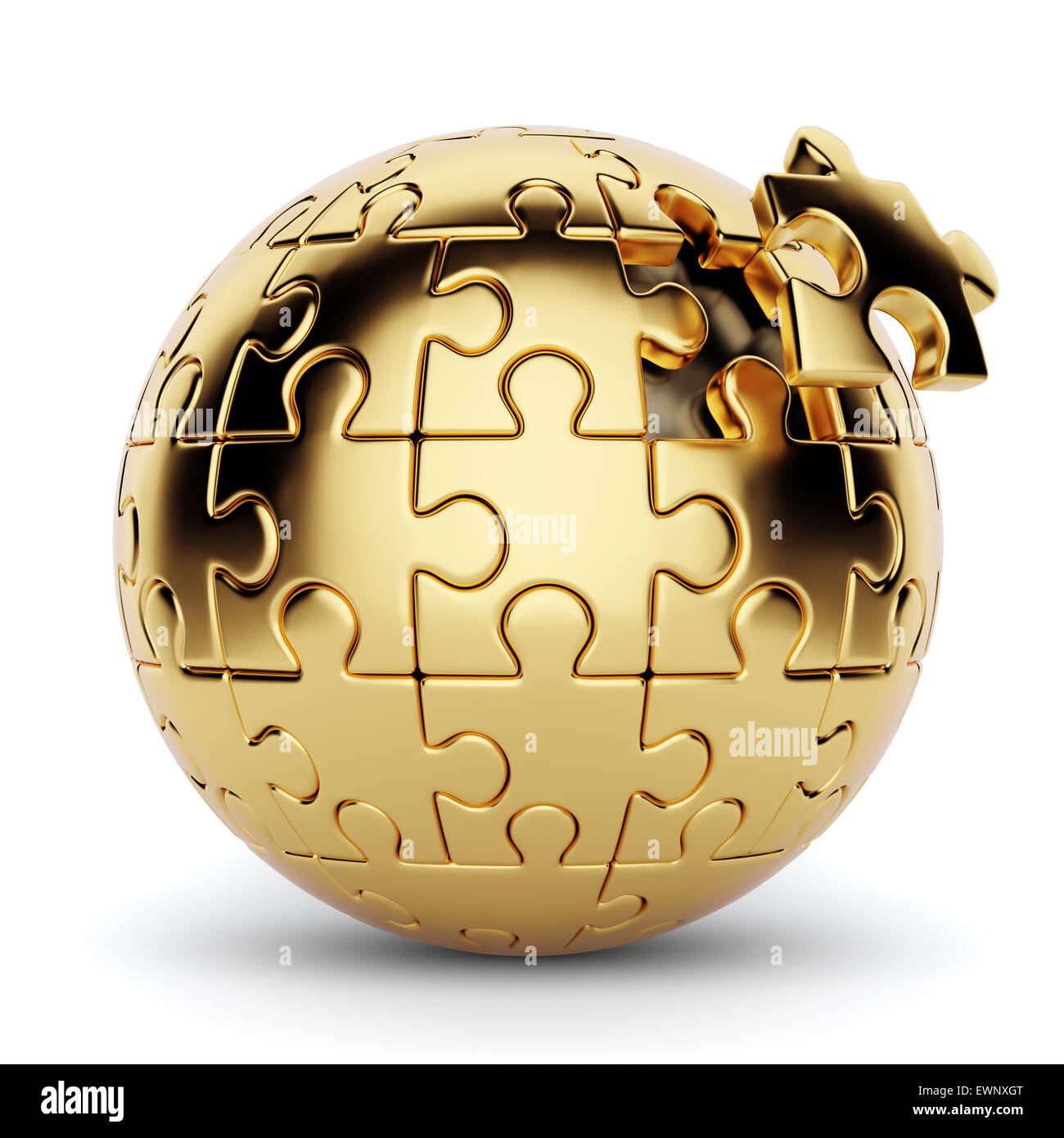 Representación 3D de un puzzle esférico de oro con una pieza desconectado. Aislado sobre fondo blanco. Foto de stock
