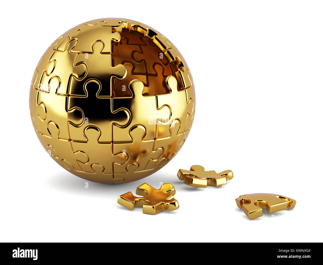Representación 3D de un rompecabezas esféricos dorados con oro segmentos  aislados sobre fondo blanco Fotografía de stock - Alamy
