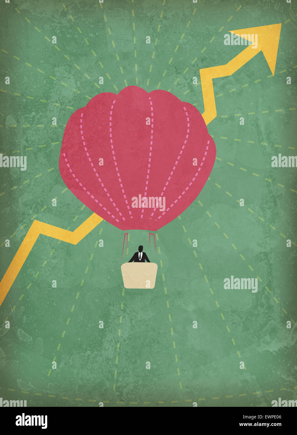 Empresario volando en globo de aire caliente con el aumento en las ganancias Foto de stock