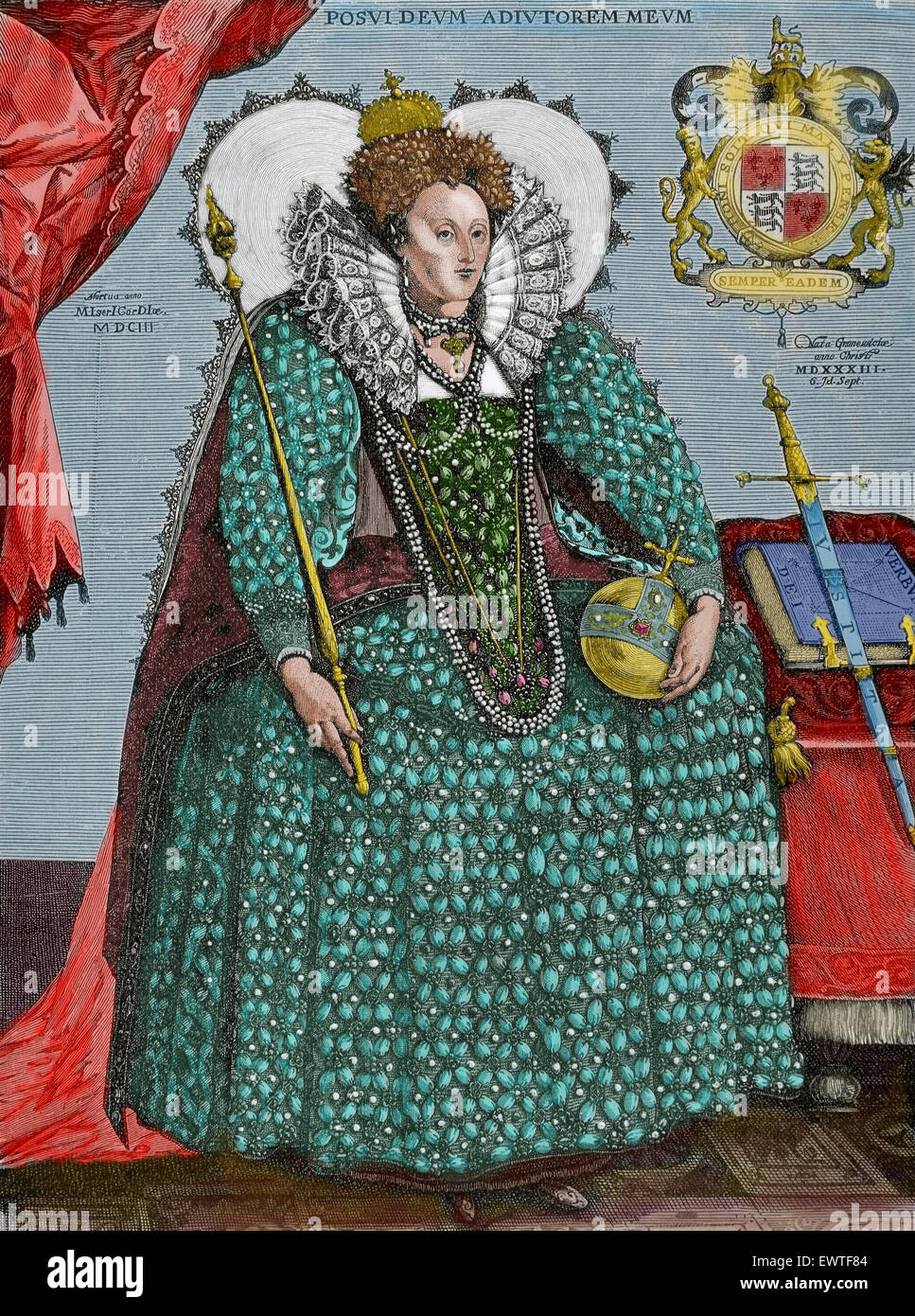 Isabel I de Inglaterra (1533-1603). Reina de Inglaterra e Irlanda. La reina virgen. Retrato. Grabado. Siglo xix. Coloreada. Foto de stock