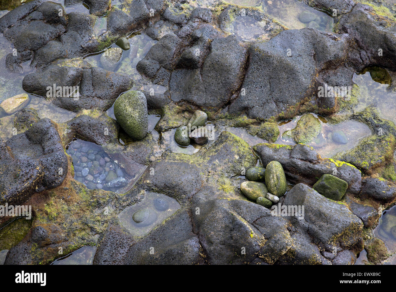 Rocas en la arena negra y olas marinas capturadas desde arriba Foto de stock