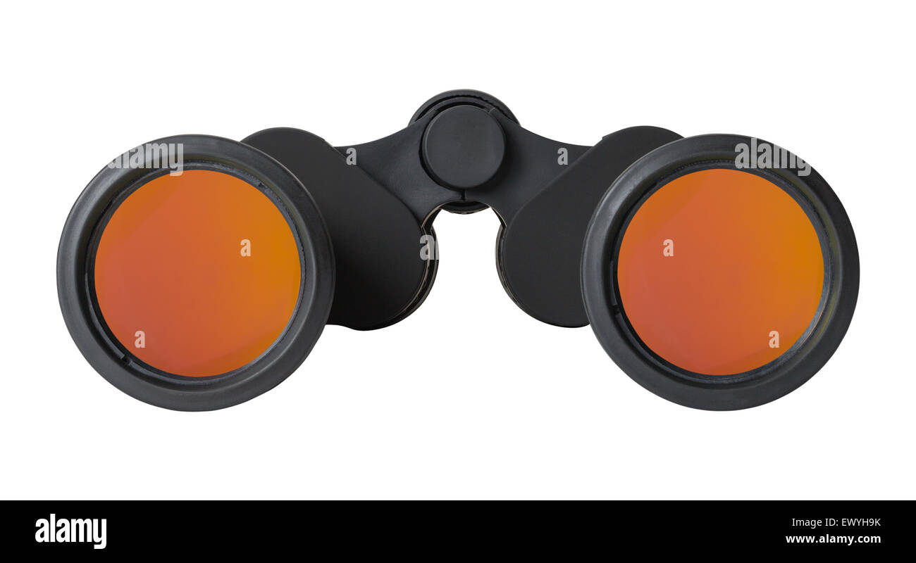 Par de binoculares negro con naranja lentes Antirreflejos aislado sobre fondo blanco. Foto de stock