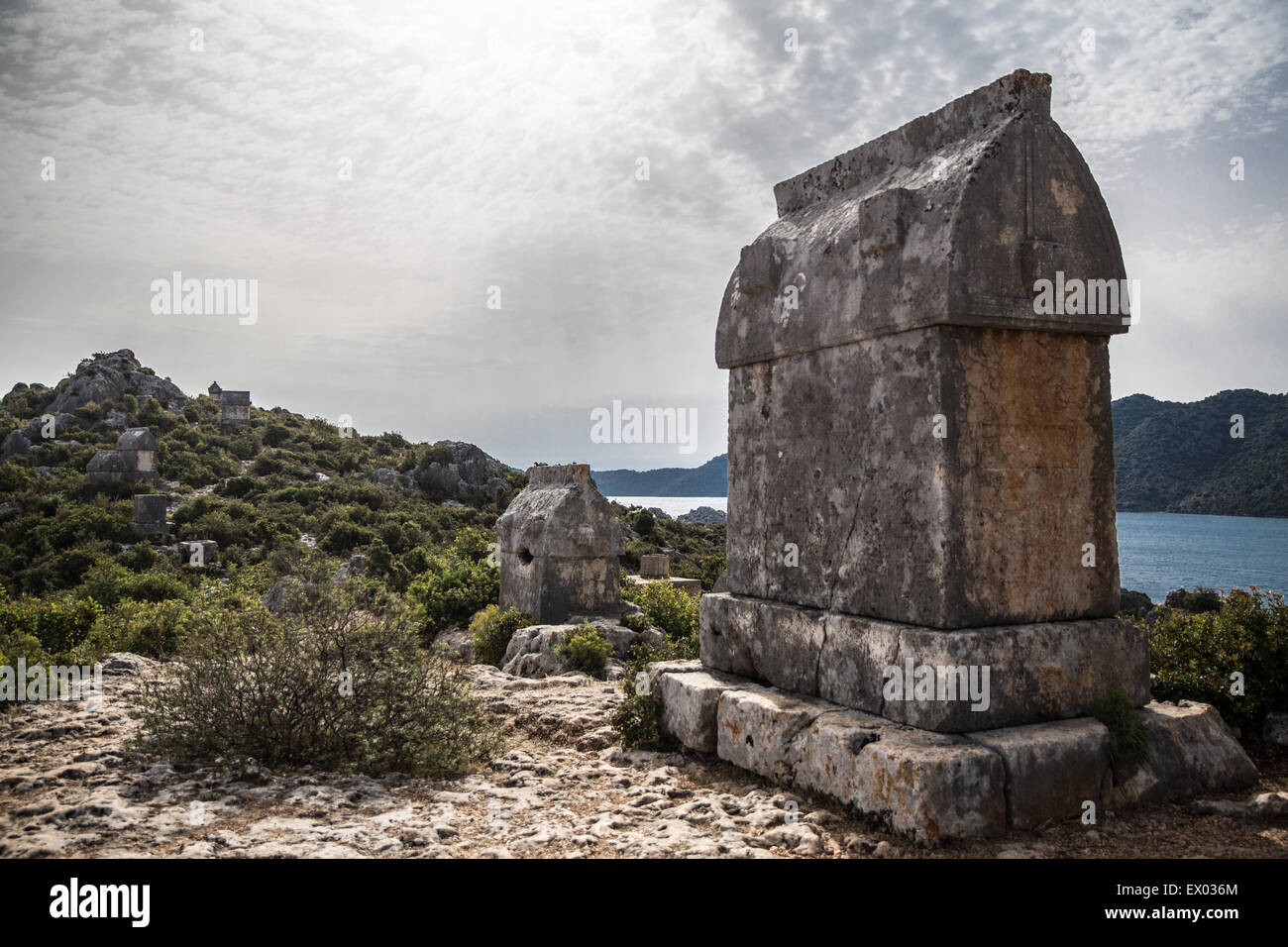 Vista de la tumba, Vía Lycian, Kalekoy, Demre, Simena, Turquía Foto de stock