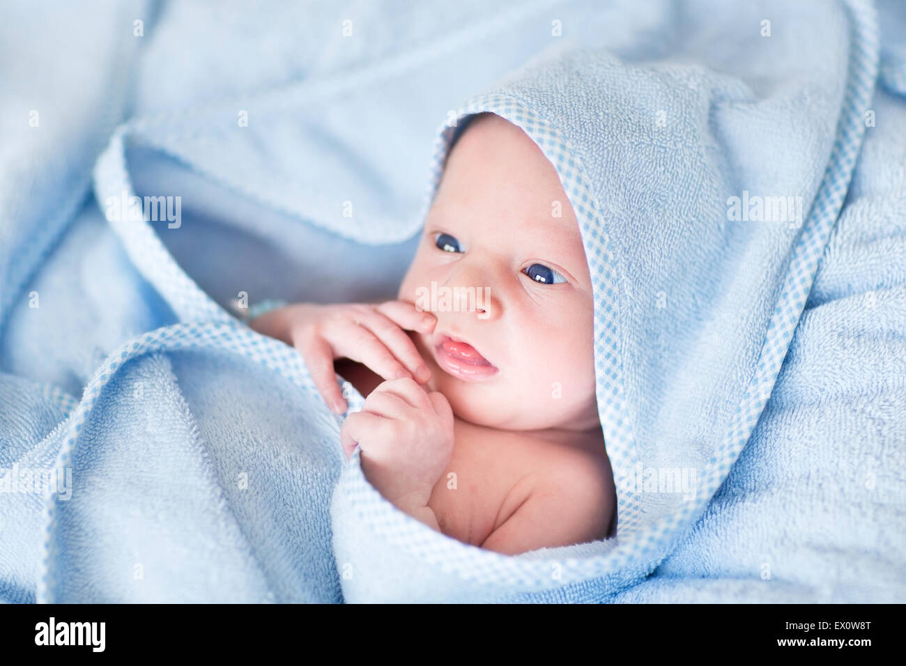 Dulce bebé recién nacido en una gran toalla azul después del baño Foto de stock