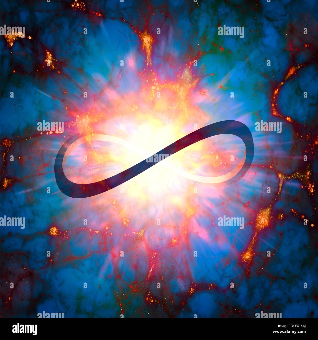 Bucle infinito visto contra un fondo cósmico que representa el big bang y la cosmología Este símbolo representa el matemático Foto de stock