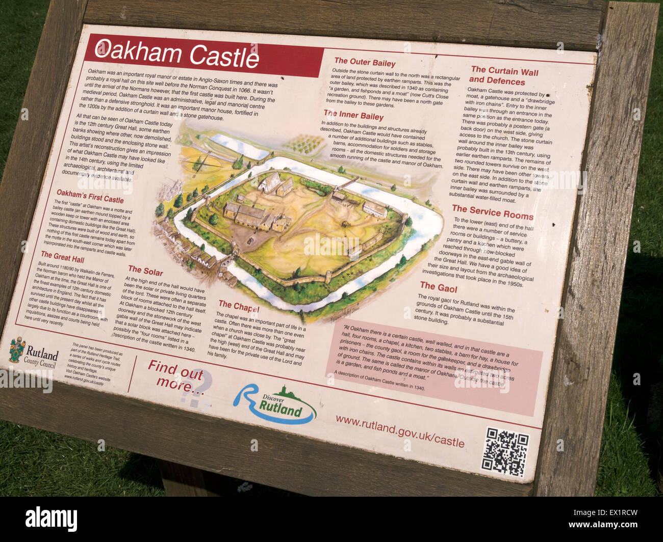 Oakham Castle información turística cartelera, Rutland, Inglaterra, Reino Unido. Foto de stock