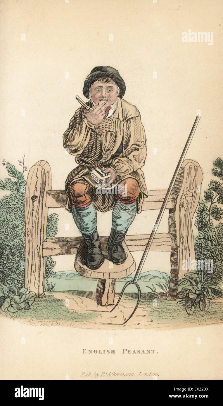 Inglés en smock campesina y sombrero, sentado sobre un orzuelo, con la horca. Copperplate Handcolored grabado de William Henry Pyne es el mundo en miniatura: Inglaterra, Escocia e Irlanda, Ackermann, 1827. Foto de stock