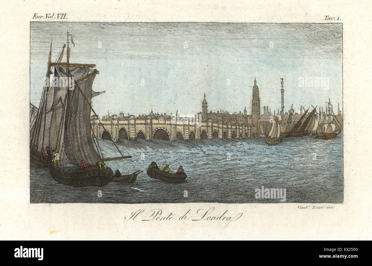 El puerto de Londres sobre el río Támesis, con la columna de Nelson en el  fondo, a comienzos del siglo XIX. Copperplate Handcolored grabado por  Gaetano Rossi de Giulio Ferrario los trajes