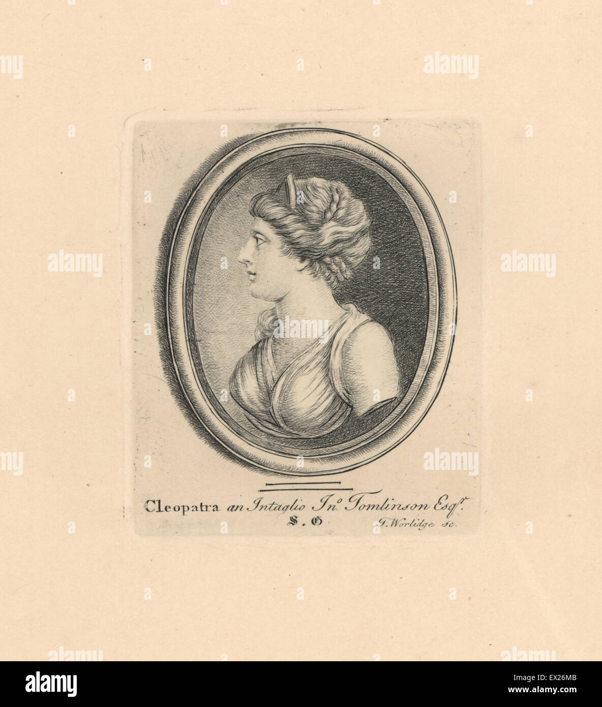 Retrato de Cleopatra, última faraón de Egipto, a partir de una estampa en la colección de I. Tomlinson. Grabado por Thomas Worlidge Copperplate de James Vallentin's Cien y ocho grabados de joyas antiguas, de 1863. Foto de stock