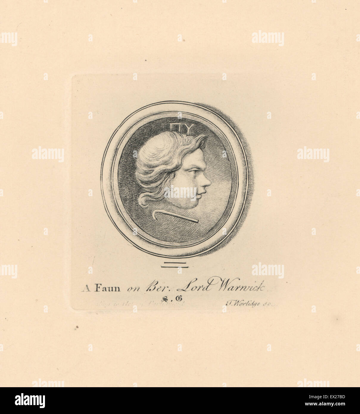 Retrato de un travieso Faun, Roman deity, bosque de Beryl desde el Señor la colección Warnick. Grabado por Thomas Worlidge Copperplate de James Vallentin's Cien y ocho grabados de joyas antiguas, de 1863. Foto de stock