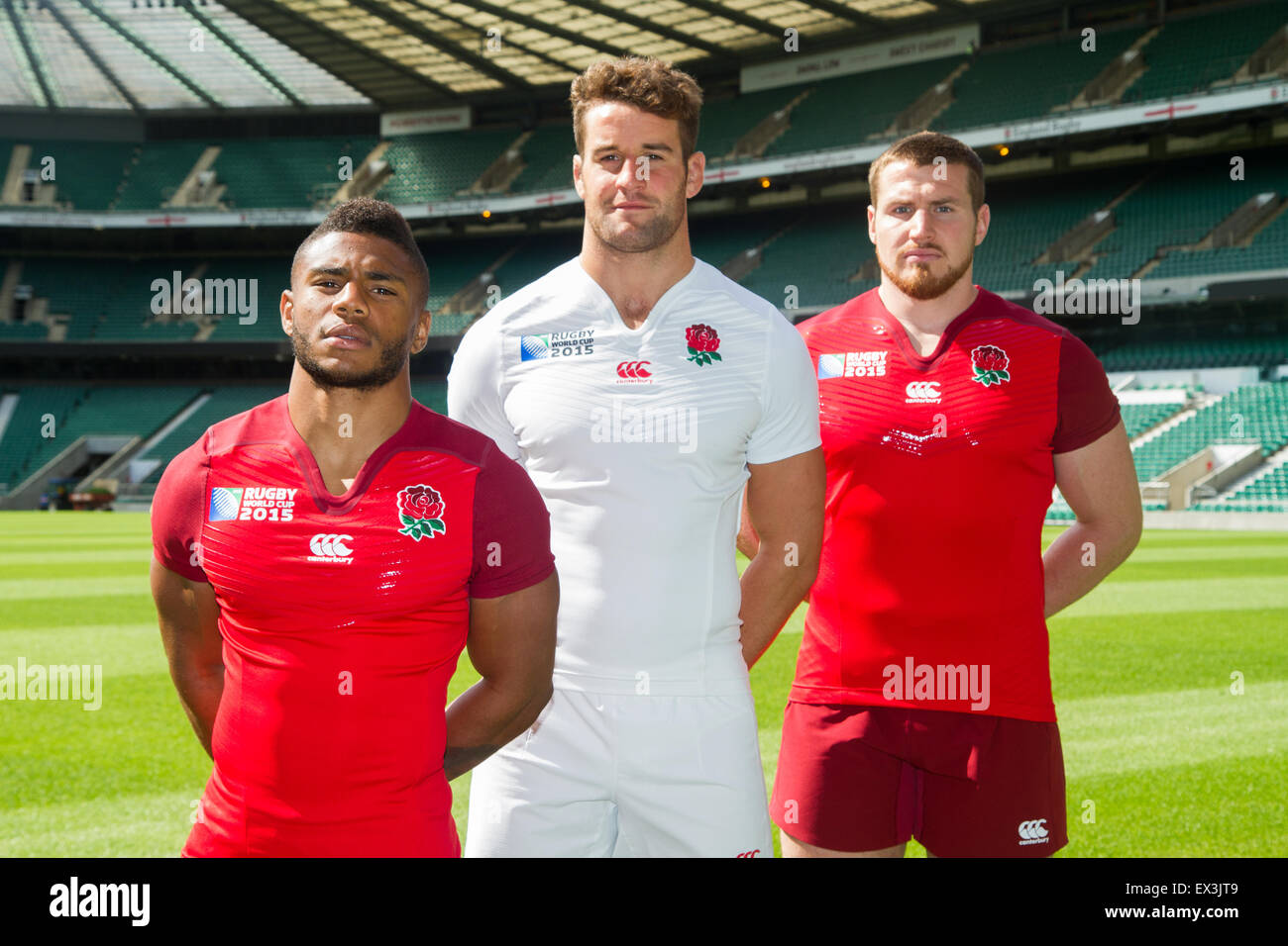 Londres, Reino Unido. 06 de julio de 2015. (L-R) Kyle Eastmond, Calum Clark  & Ben Morgan durante la Copa Mundial de Rugby Inglaterra oficial 2015  camiseta Canterbury y lanzar por Inglaterra en