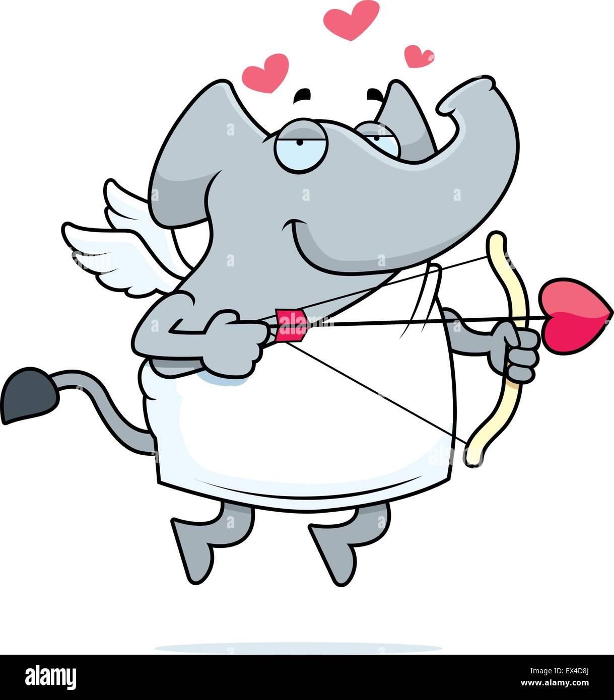 Un elefante de dibujos animados feliz cupido con arco y flecha. Ilustración del Vector